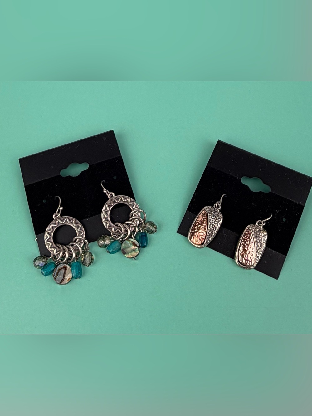 Chico’s Earrings Lot of 2: Teal Beaded Abalone Drop & Two Tone Mixed Metal Drop